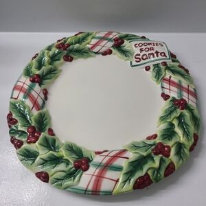 Fitz And Floyd Cookies For Santa 10” Plate Plaid Collection w/Holly Berries